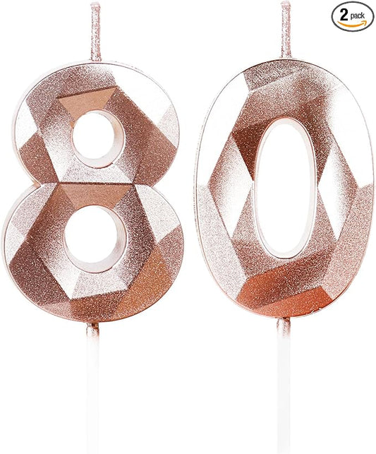 Number 80 Candles,80th Birthday Candles,Rose Gold Happy Birthday Candle for Cake,3D Design Cake Topper Decorations for Women Men Birthday Party Wedding Anniversary Celebration Supplies