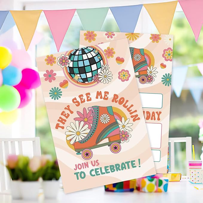 20 Sets Roller Skating Birthday Party Invitations With Envelopes,Retro 70s 80s Daisy Roller Skate Double-sided Printed Birthday Party Invitation Invite Cards for Kids Teen,Girl Birthday Party Invites