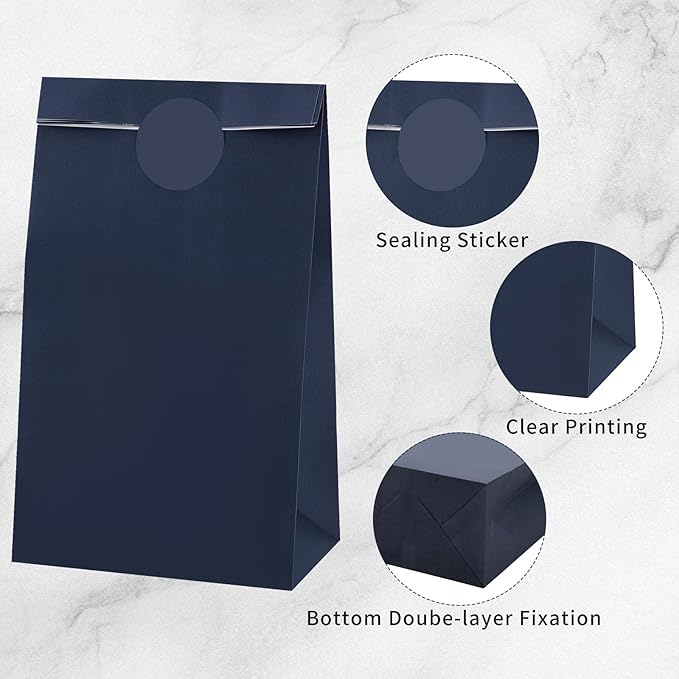 woric 36PCS Navy Blue Party Favor Bags with Stickers Small Kraft Graduation Gift Bags Self Stand Goodie Bag for Small Gifts, Retail, Merchandise, Graduation, Wedding, Kids Birthday Party Favor