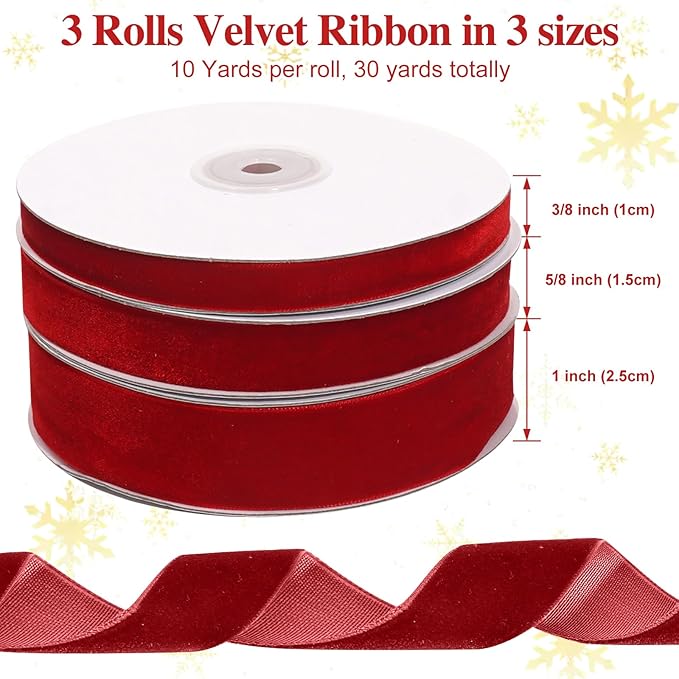 Red Velvet Ribbon Set, 3 Rolls Vintage Thin Velvet Ribbon for Gift Wrapping,Thick Christmas Ribbons for Christmas Tree Ornaments, Holiday Decor, Garland, Wreaths, 3/8, 5/8, 1 inch Wide, 30 Yards Total