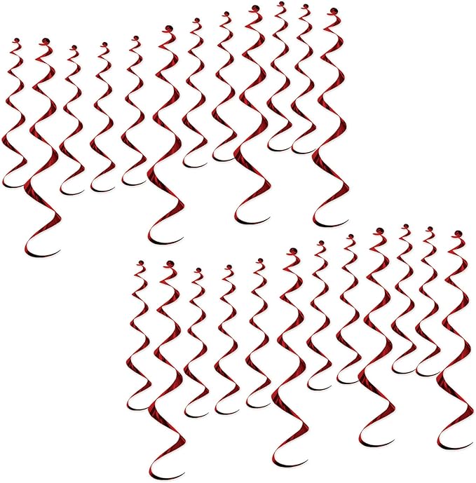 Beistle Burgundy Metallic Whirls – 24 Pack Hanging Spiral Decorations in Maroon for Ceiling Displays, Birthday Party Rooms, Graduations, Sporting Events, Team Spirit and School Pride, 13.5" & 25"