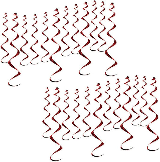 Beistle Burgundy Metallic Whirls – 24 Pack Hanging Spiral Decorations in Maroon for Ceiling Displays, Birthday Party Rooms, Graduations, Sporting Events, Team Spirit and School Pride, 13.5" & 25"