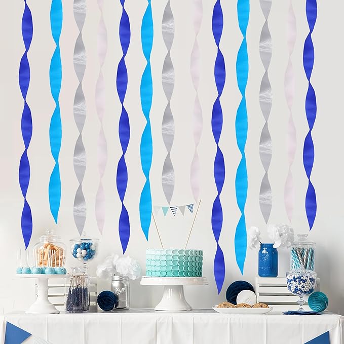 BEISHIDA 8 Rolls Blue Silver White Crepe Paper Streamers for Men Birthday Graduation Party Decorations Baby Shower DIY Craft Paper(1.8 Inch x 82 Ft/Roll)