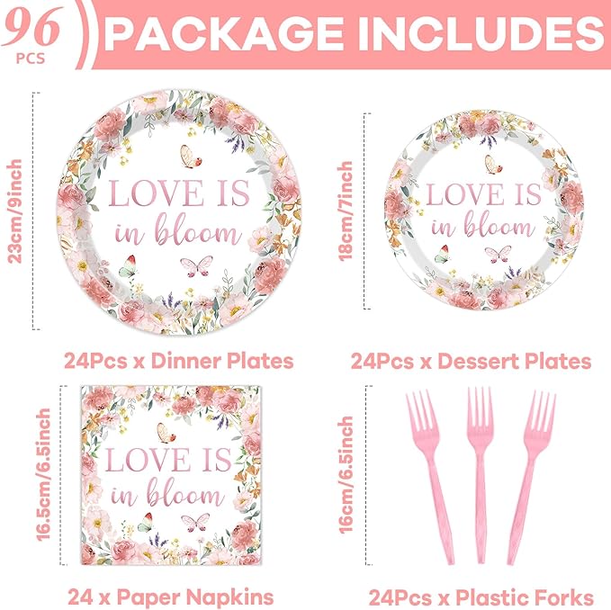 96 pcs Love Is In Bloom Bridal Shower Plates Napkins Sets Pink Floral Bridal Shower Party Supplies Love In Bloom Tableware Party Decoration for Engagement Wedding Decor Serves 24 Guests