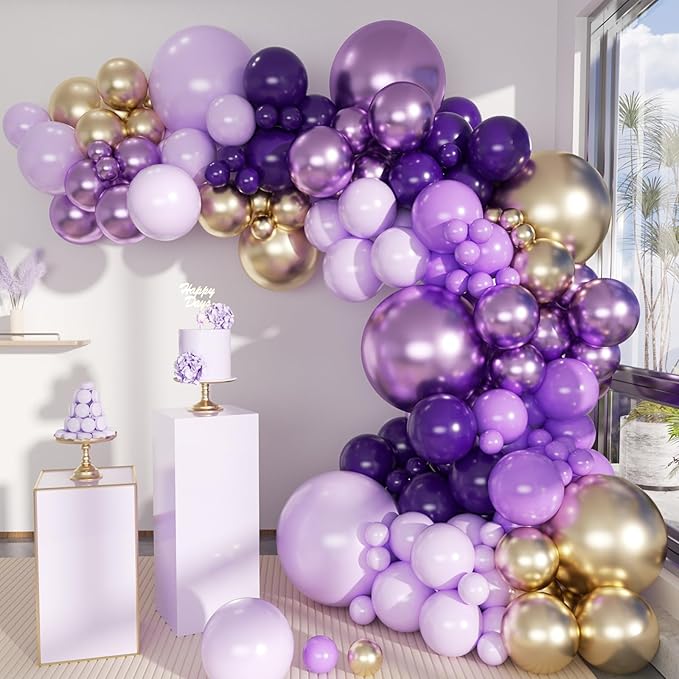MEBAY Grey Violet Maca Purple Gold Balloons Garland Arch Kit, 146Pcs Latex Balloons Different Sizes 18 12 10 5 Inch for Party Decoration Birthday Wedding Engagements Anniversary Baby Shower
