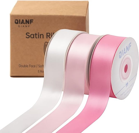 QIANF Pink Double Face Satin Ribbon 1 Inch x 45 Yards White Fabric Ribbon for Gift Wrapping, Flower Bouquets, Hair Bows Making, Wedding Decoration, Invitation Cards, Valentine's Day (3 Rolls *15Yd)