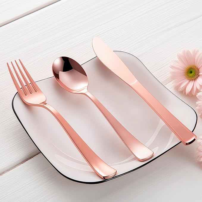 144 Pack Rose Gold Premium Heavy Duty Plastic Silverware, 48 Forks, 48 Knives, 48 Spoons, Perfect for Valentine's Day, Parties, Dinners, Weddings, BPA-Free, Disposable Plastic Cutlery Set Utensils Set