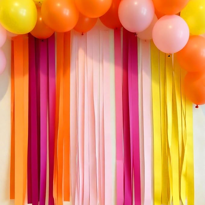 BEISHIDA 8 Rolls Yellow Orange and Pink Crepe Paper Streamers for Hippie Retro Boho Theme Party Decorations Wedding Birthday Baby Shower DIY Craft Paper(1.8 Inch x 82 Ft/Roll)