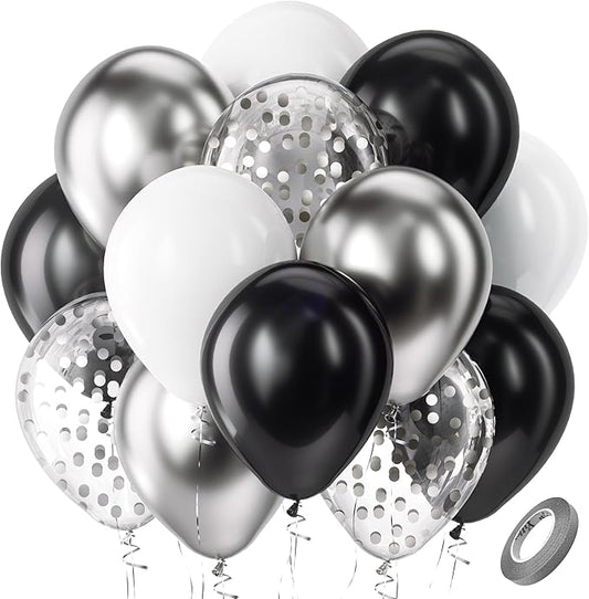 Bezente Black Silver Confetti Latex Balloons,60pcs 12 inch Black White Silver Metallic Chrome and Confetti Balloons for New Year Birthday Baby Shower Wedding Theme Party Decoration