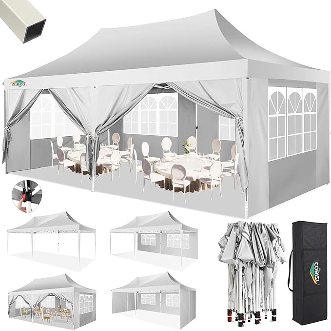 COBIZI 10x20 Pop Up Canopy with 6 Sidewalls,10x20 Canopy Tent Frame Upgraded with 3 Adjustable Heights,Waterproof UV50+ Outdoor Party Commercial Ez Up Gazebos with Carry Bag(10 x 20 ft White)