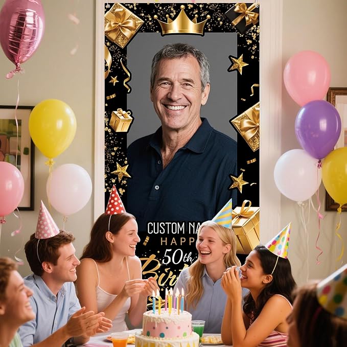 Dicodes Personalized Happy Birthday Door Banner Custom Photo Birthday Photography Background Decorations Party Supplies for Women Men (Black and Gold)