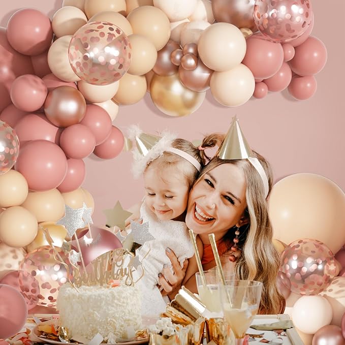 170Pcs Blush Dusty Rose Pink Balloons Garland Arch Kit, Boho Peach Rose Gold Neutral Confetti Balloons for Girls Women Bridal Baby Shower Wedding Engagement Birthday Party Decorations