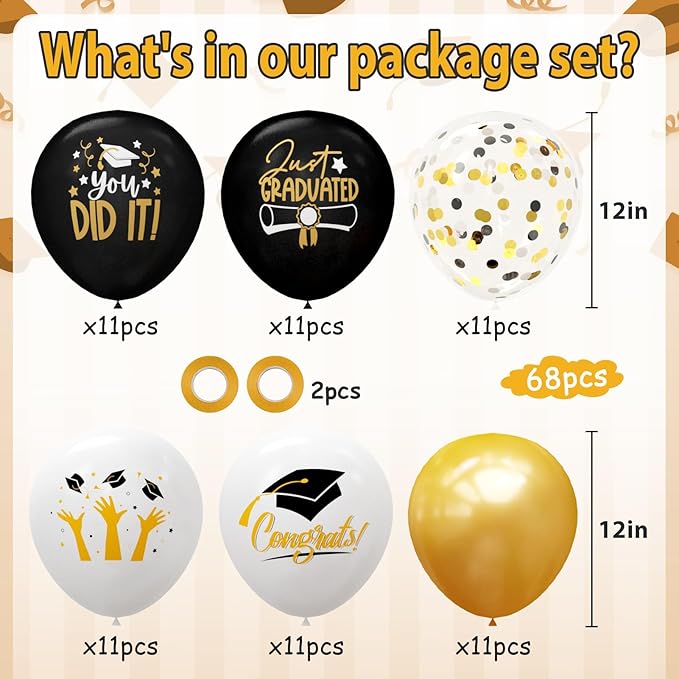 2026 Graduation Party Decorations, 68pcs Graduation Balloons Black and Gold Grad Decor for College High School Class of 2026 Congrats Grad Party Decor
