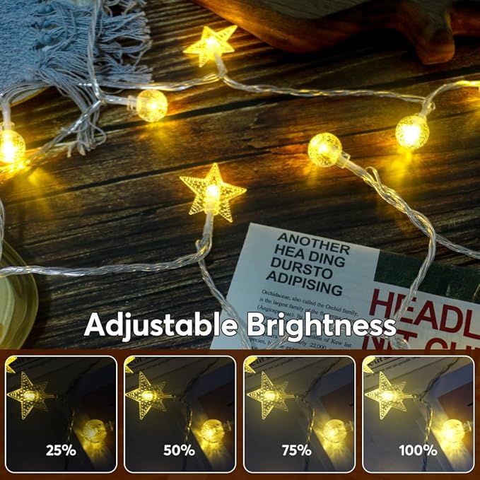 50 Stars & 50 Globes String Lights for Wedding, Party, Holiday Decor - 100 LED, 49.2ft, Remote Control, 8 Modes, IP44 Waterproof, Linkable Plug in Lights for Indoor Outdoor, Backyard, Celebration