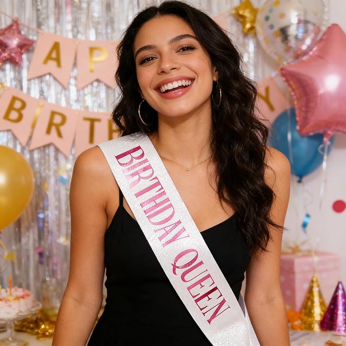 Birthday Queen Sash, Pink Foil Letter Glitter White Birthday Sash for Women 21st 30th 40th 50th 60th Gifts Fun Bday Party Favors Decorations