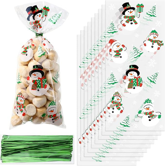 Funrous 100 Pcs Christmas Cellophane Treat Bags 5 x 11 Inch Snowman Plastic Clear Cello Candy Cookie Bags with Ties for Gift Wrap Sweets Winter Holiday Christmas Party Supplies