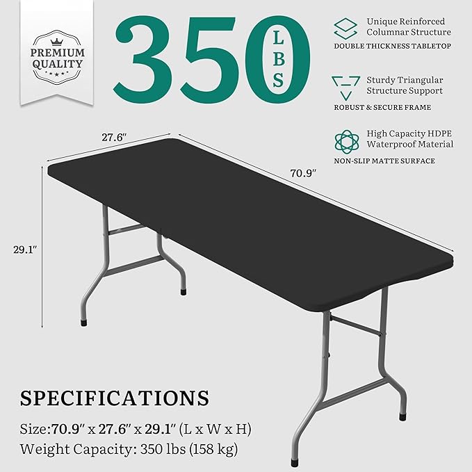 YITAHOME 6ft Folding Tables Heavy Duty Folding Table with Carrying Handle Plastic Fold up Table for Outdoor Camping Picnic Parties/Indoor Events All in Black