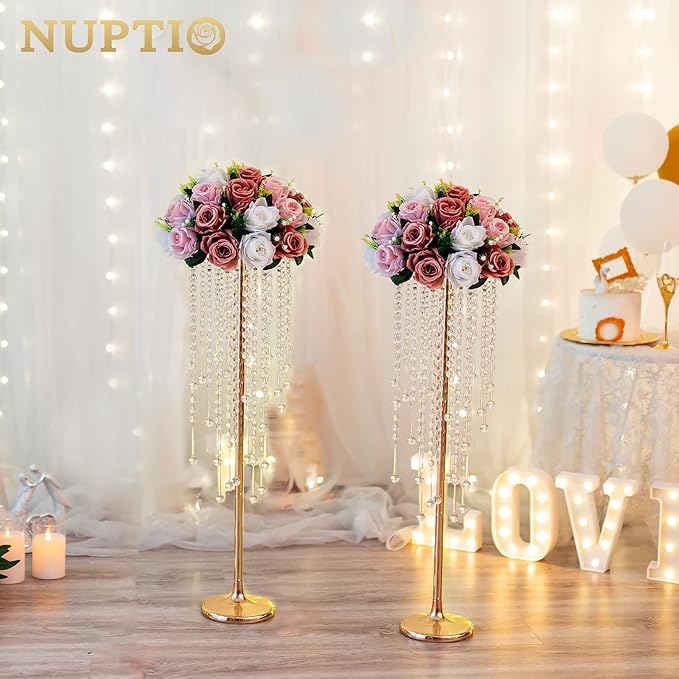 NUPTIO Gold Vase Wedding Centerpieces: 2 Pcs 29.5in Tall Crystal Flower Stand for Tables Elegant Metal Flowers Arrangement Vases for Weddings Birthday Party Anniversary Reception Home Decorations