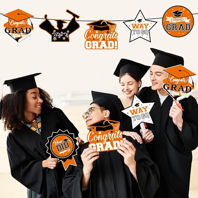 24Pcs Graduation Party Decorations Class of 2026, Graduation Centerpieces for Tables, 2026 Congrats Grad Party Centerpiece Stick Table Toppers for Graduation Party Supplies (Orange,Black)