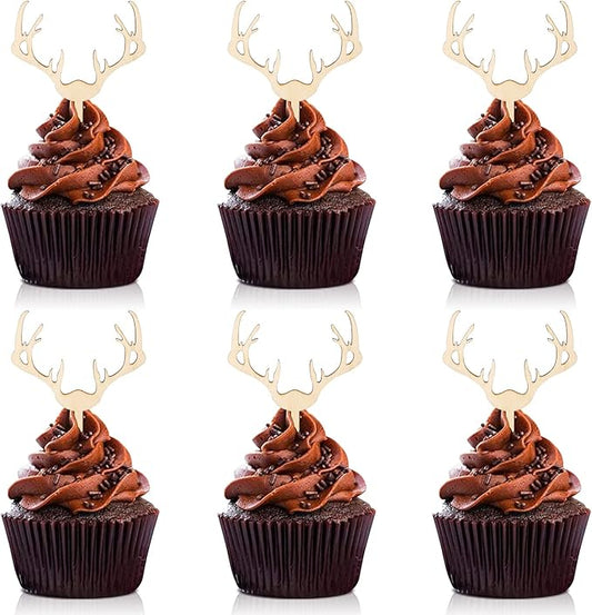 Huray Rayho Antler Cupcake Toppers Wooden Deer Cake Picks Decorations Baby Shower Wedding Hunting Boho Rustic Country Birthday Theme Party Supplies Qty 24