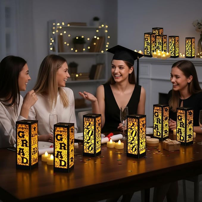 Rossesay 6 Pcs Graduation Table Centerpieces Boxes Class of 2026 Graduation Lanterns for Centerpieces with LED Candles Congrats Grad School College Photo Props for Party Table Decoration (Black)