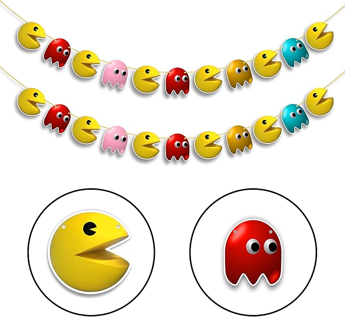 Pacmn Ghost Garland Decoration – Retro Arcade Video Game Themed Birthday Party Supplies – Colorful Ghost Hanging Banner for Adults – Classic 80s Gaming Party Décor for Boys and Girls