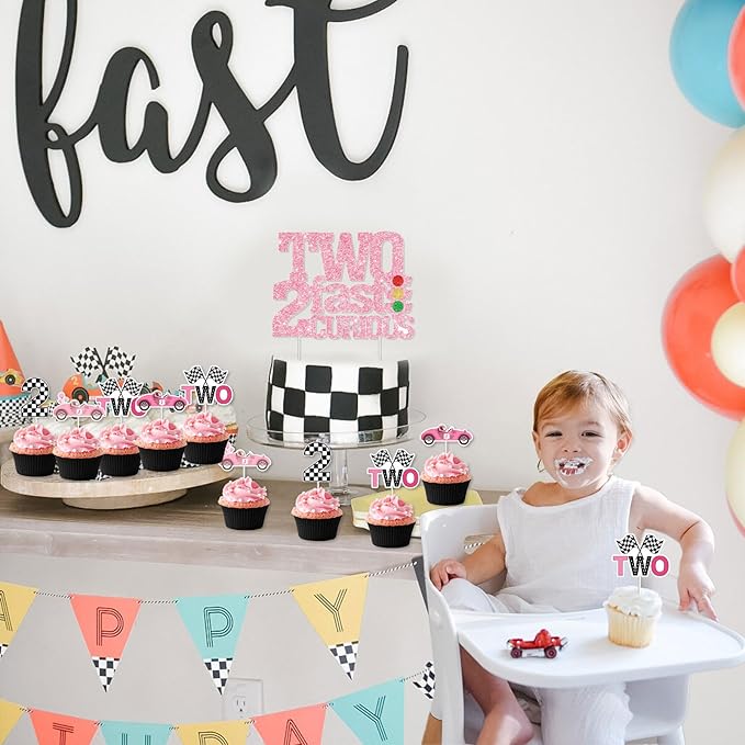 Two Fast Two Curious Birthday Decorations, 25Pcs Race Car Cake Topper Cupcake Toppers Pink for Girl 2nd Birthday Let’s Go Racing Party Supplies