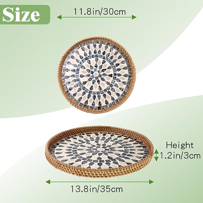 Round Rattan Tray with Mother of Pearl Inlay, Handwoven Wicker Fruit/Bread/Coffee Table Serving Basket Tray for Party Picnic Cafe Bedroom Kitchen Home Decor Set of 2 (Black Drop)