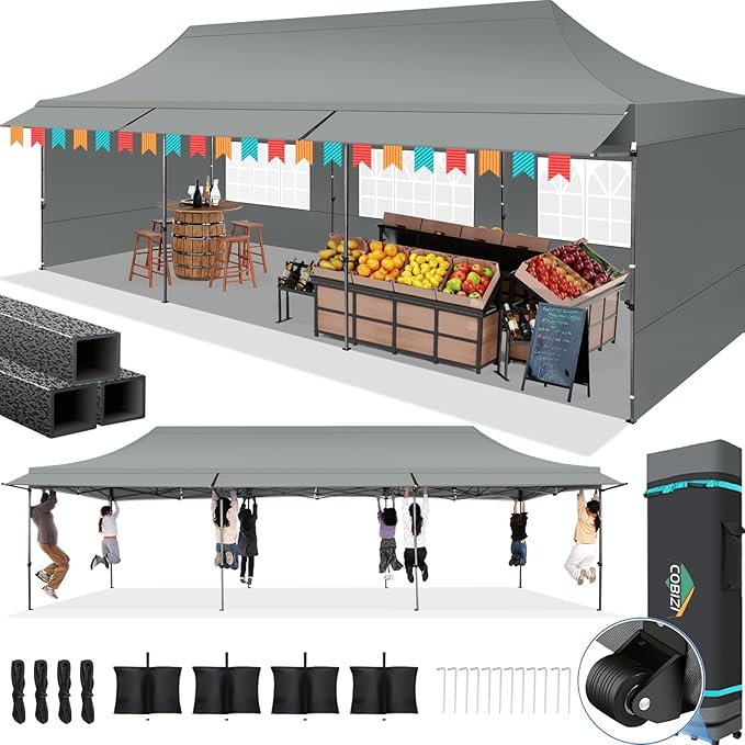 COBIZI 10X30 Pop Up Canopy Tent Heavy Duty with Sidewalls, Outdoor Commercial Canopy with Awning, Waterproof&69 SF Extended Awning, Vendor Tent for Market, Party Events, Grey