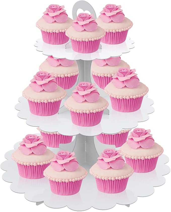 White Cupcake Stand Tower, 3-Tier Cardboard Dessert Display with Heart Handle,Perfect for Birthday Baby Shower Wedding Tea Party Graduation, Easy 60-Second Assembly, Holds 12+Cupcakes (1-Pack)
