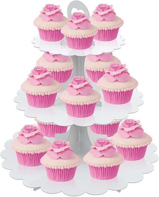 White Cupcake Stand Tower, 3-Tier Cardboard Dessert Display with Heart Handle,Perfect for Birthday Baby Shower Wedding Tea Party Graduation, Easy 60-Second Assembly, Holds 12+Cupcakes (1-Pack)