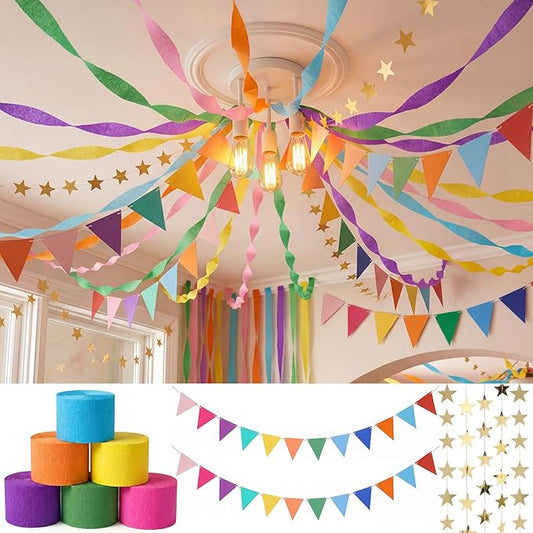 Frienda 14 Pcs Rainbow Party Decorations Set 492 ft Colorful Crepe Paper Streamers, 52.8ft Gold Star Garlands Backdrop and 4 Pennant Banner Flags for Wedding Birthday Fancy Party Hanging Decorations
