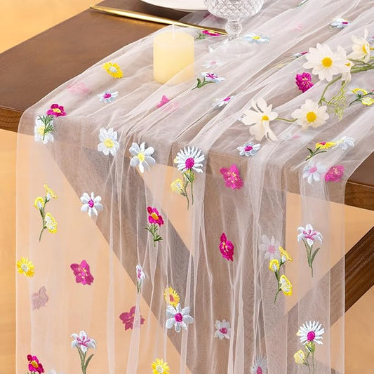 Socomi Flower Table Runner Summer Daisy Floral Tulle Gauze Cheesecloth Embroidery Table Runners for Tea Party Garden Wedding Bridal Baby Shower Birthday Picnic Decor Ivory White 3pcs