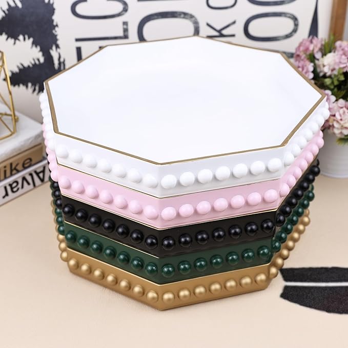 Black Serving Tray for Coffee Table, Octagonal Beaded Plastic Decorative Tray for Ottoman, Kitchen Counter, Living Room, Outdoor Lacquer Tray for Entertaining
