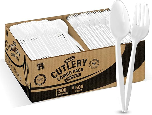 1000 Pcs Plastic Utensils Set - 500 Forks And 500 Spoons - Premium Plastic Forks And Spoons - Medium Weight Silverware Set - Bulk Disposable Cutlery