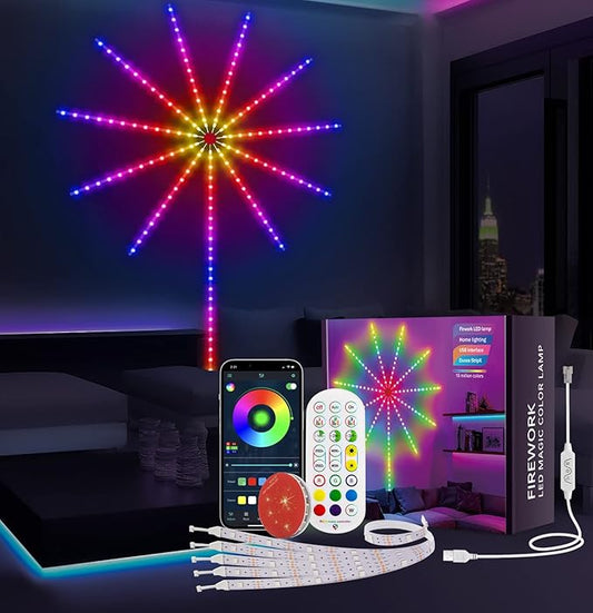 MATICOD Smart Firework Led Lights USB Powered Room Decor, Color Changing Fireworks Led Lights for Bedroom with Launch Burst Effect, RGB Led Strip Lights Remote App Control for New Year Party Decor