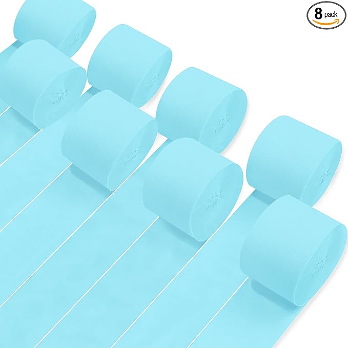 8 Rolls Crepe Paper Streamers, Light Sky Blue Streamers Party Decorations for Baby Shower Birthday Gender Reveal Under The Sea Party