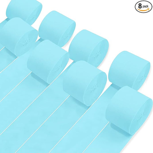 8 Rolls Crepe Paper Streamers, Light Sky Blue Streamers Party Decorations for Baby Shower Birthday Gender Reveal Under The Sea Party