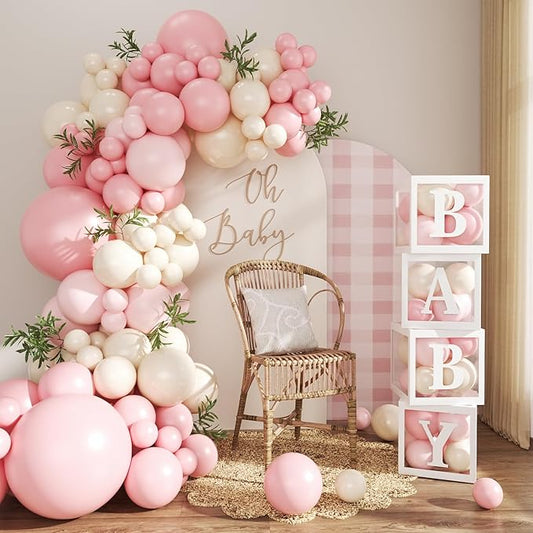 Pink Balloon Arch Garland Kit, 132Pcs Pink Baby Shower Decorations for Girl Baby Boxes with Letters for Boho Baby Shower Birthday Gender Reveal Party Wedding Decorations
