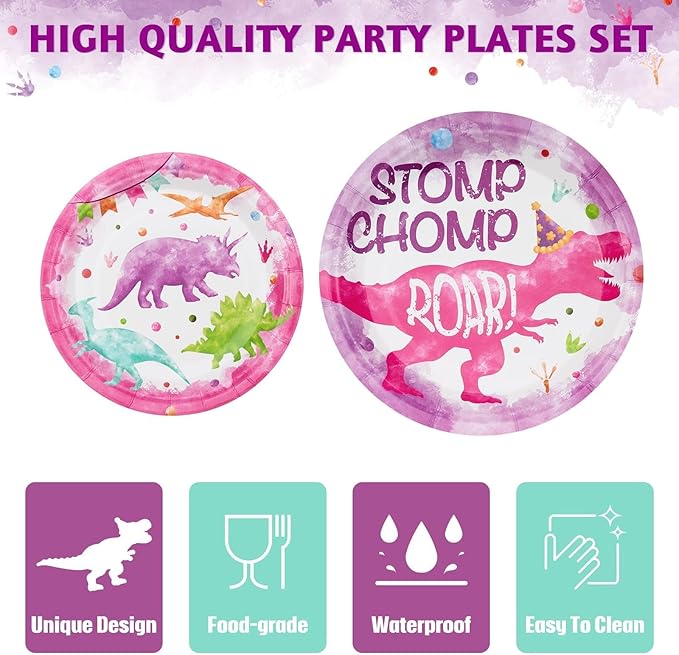 WERNNSAI Girl Dinosaur Party Decorations - 64 PCS Dinosaur Plates Napkins and Forks Pink Dino Birthday Decorations Dino Party Plates for Kids Girls Birthday Baby Shower Favors Serves 16 Guests