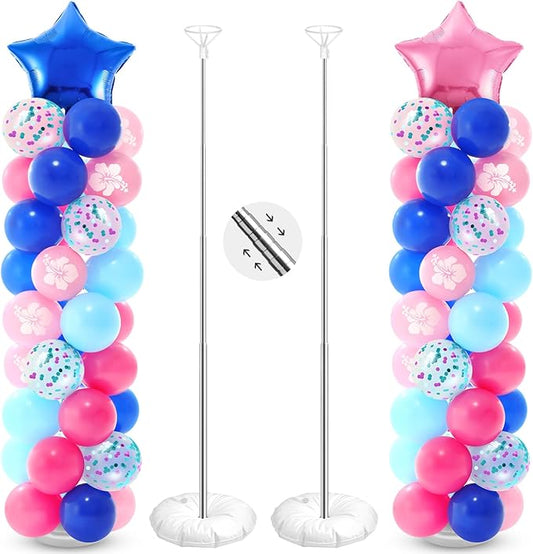 Seematn 2 Sets Pastel Blue and Pink Balloon Column Stand Kit with 2 Cartoon Star Balloons 105 Latex Balloons, Adjustable Balloon Stands for Hawaii Gender Reveal Baby shower Birthday Decor (Colorful)