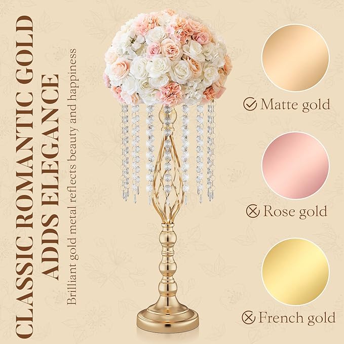 12 Pcs 21.7 Inch Tall Gold Centerpieces For Table Wedding-Metal Flower Gold Vases For Centerpieces For Wedding Reception With Crystal Fringe-Flower Stand For Wedding, Birthday(Centros De Mesa)