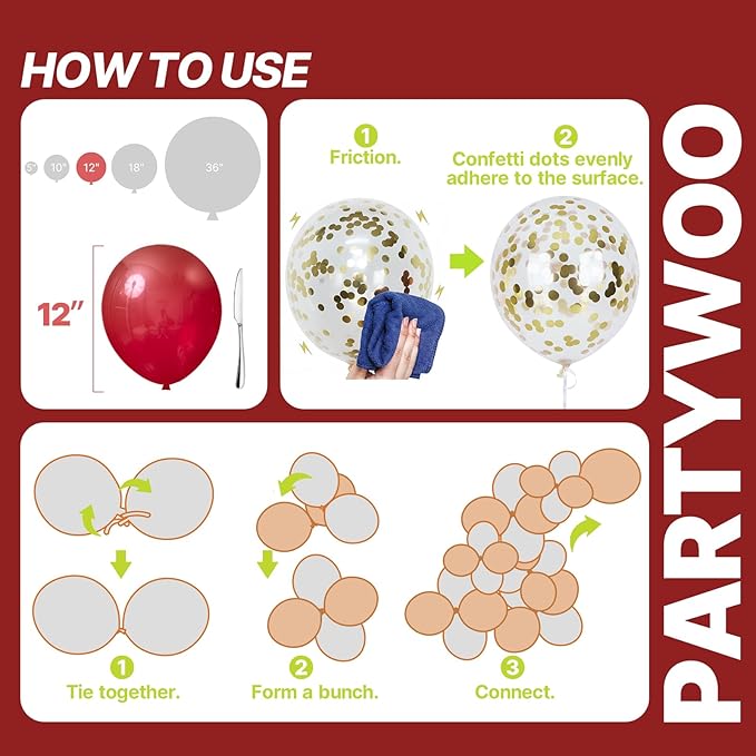 PartyWoo Red and Gold Balloons 66pcs 12 10 Inch Matte Red Burgundy Metallic Chrome Gold Confetti Balloons for Graduation Baby Shower Birthday New Year's Eve Anniversary Christmas Party Decorations