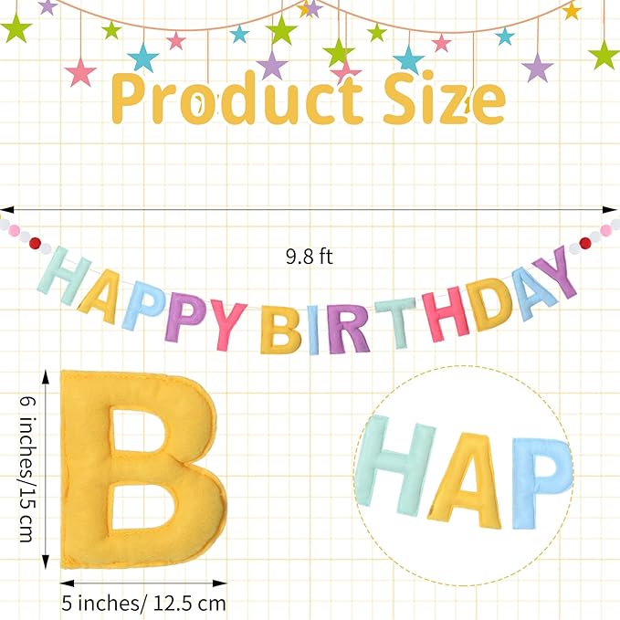 Mindsoft Felt Happy Birthday Garland Rainbow Banner Reusable Happy Birthday Sign Party Supply for Party Decor(Bright Color,Normal)