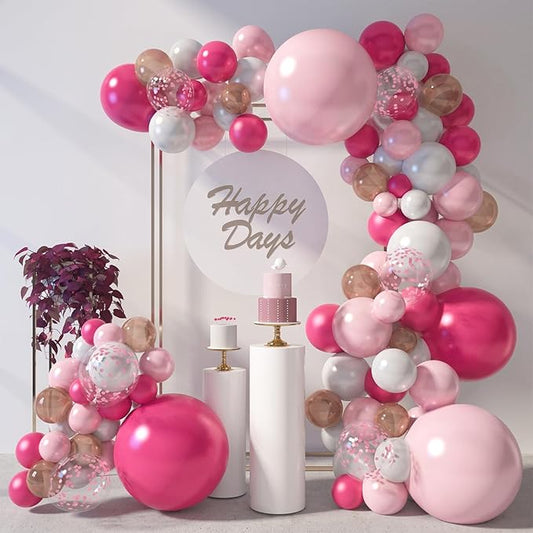 LovesTown 150 PCS Pink Rose Gold White Balloons Different Size of 18 12 10 5 Inch, Pink Confetti Balloons with Ribbons for Confession Proposal Wedding Girls Birthday Baby Shower Party Decorations