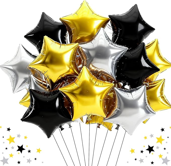 TONIFUL 15Pcs 18 Inch Large Gold Silver Black Star Shape Foil Balloons Big Stars Helium Mylar Ballons for Birthday Wedding Bridal Shower Anniversary Engagement Party Decorations Supplies