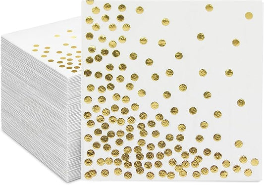 Gold Foil Cocktail Napkins 100 Pack, 3-Ply Disposable Paper Napkins, 5x5 Inch Beverage Napkins for Wedding, Bridal Shower, Birthday Party, White with Gold Dots
