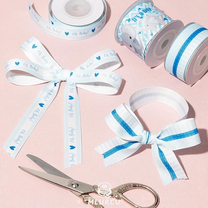 Baby Boy Ribbon 3 Rolls Grosgrain Ribbon Set 5/8", 7/8", 1.5" It's A Boy, Blue Striped Polka Dot Ribbons for Baby Shower, Gift Wrapping, Birthday Party, Diaper Cake Decorations, Hair Bows, Crafts