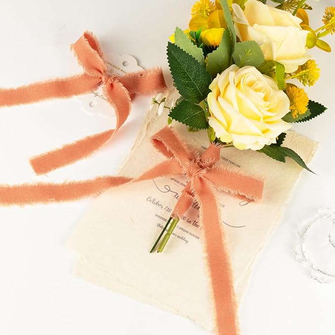 Burnt Orange Cotton Ribbon 5/8 Inch Burnt Orange 3 Rolls 21 Yards Frayed Edge Fabric Set for Wedding Decor, Bridal Bouquet Wrap, Baby Shower, Gift Wrapping, Fall Decor & Halloween Party
