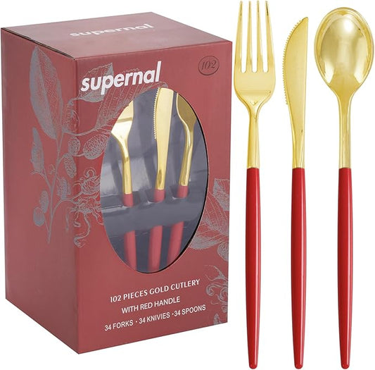 Supernal 102PCS Red Plastic Silverware, Gold Plastic Utensils with Red Handle, Gold Disposable Utensils Heavy Duty Includes 34 Forks, 34 Spoons and 34 Knives prefect for party, wedding & Mother's day